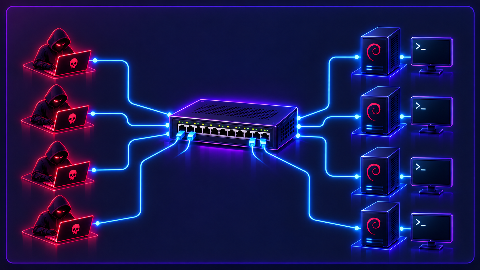 Architecture initiale du laboratoire - Serveurs Debian et attaquants sur le même réseau