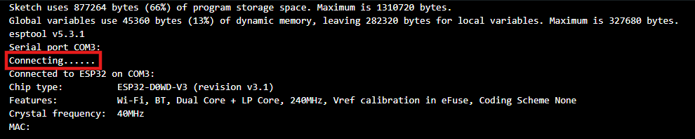 Message Connecting dans Arduino IDE