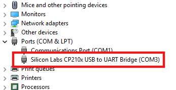Pilote CP210x installé dans le Gestionnaire de périphériques Windows