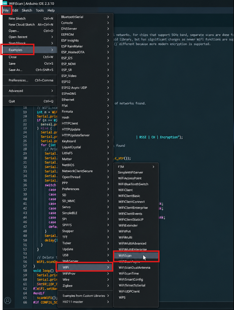 Exemple WiFiScan dans Arduino IDE