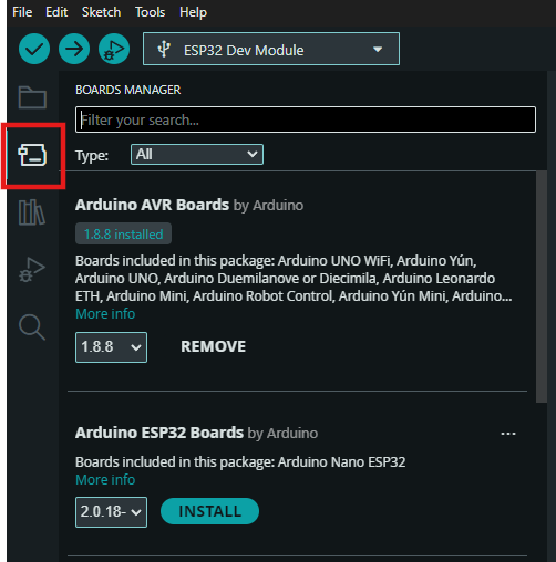 Gestionnaire de cartes dans Arduino IDE