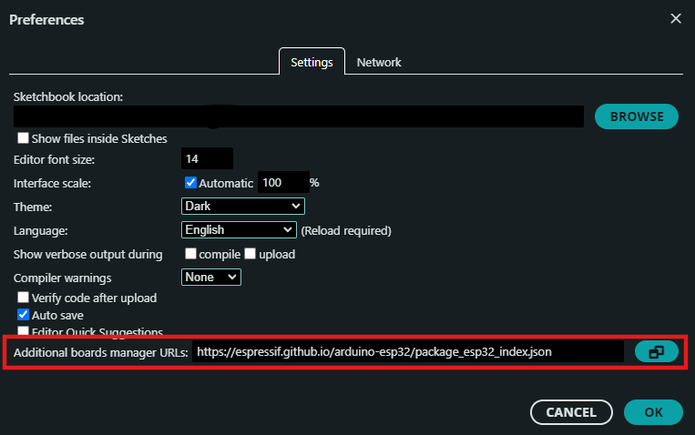 Ajout de l'URL Espressif dans les préférences Arduino IDE