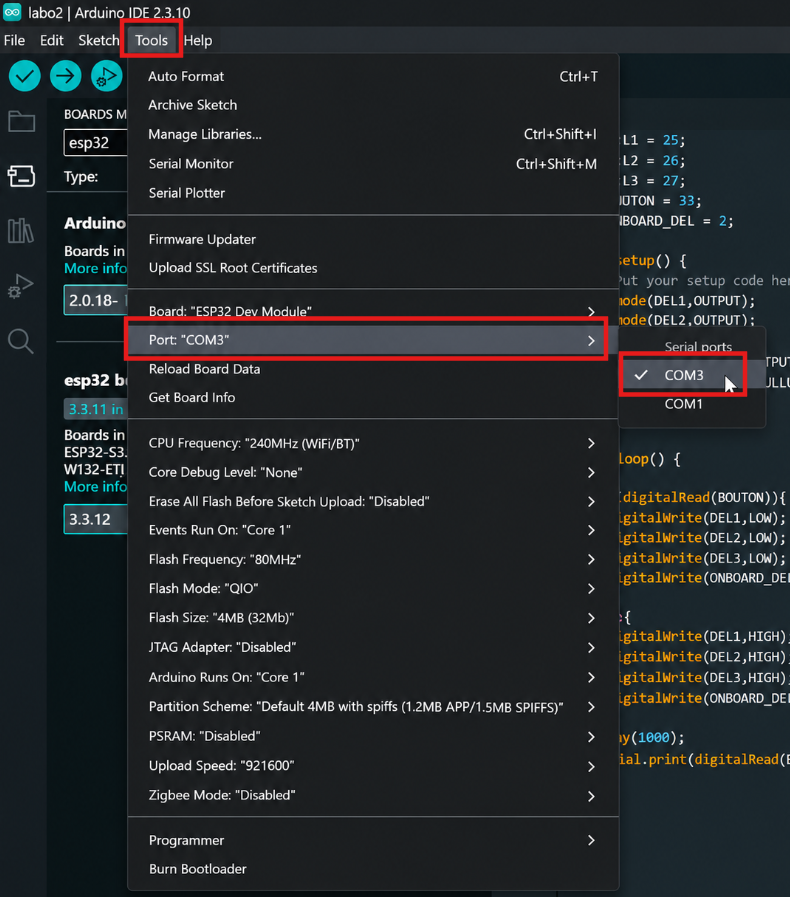 Sélection du port COM dans Arduino IDE